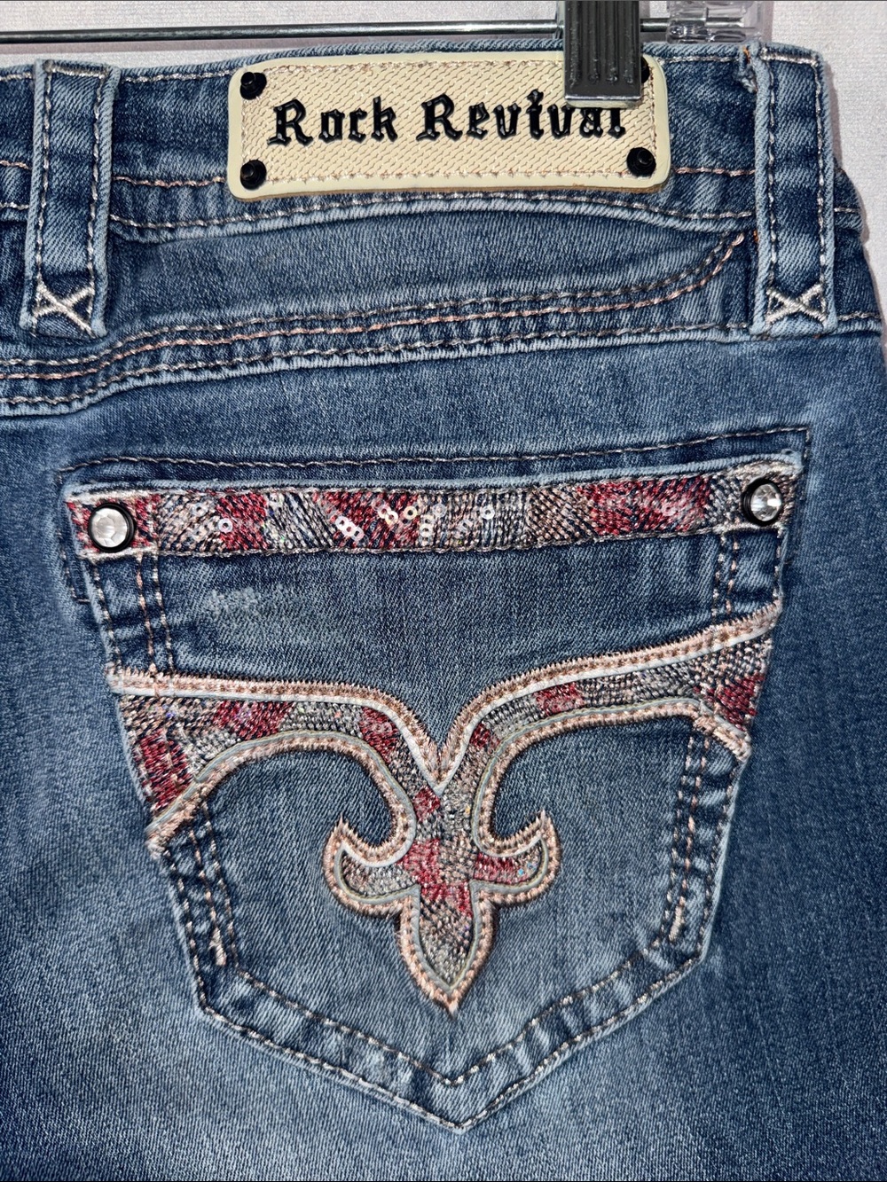 Rock Revival Women's Skinny Jeans with Embellished Pockets - Dark Blue - Picture 4 of 7